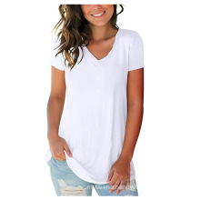 Basic V neck solid color short-sleeved custom logo summer casual top t-shirt woman